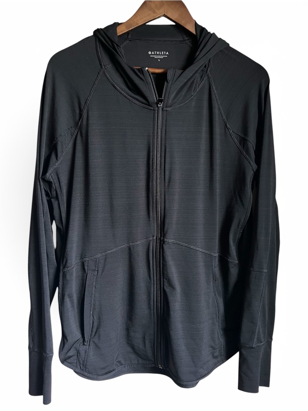 Athleta Triumph Hoodie Women's Large Black Full Zip Lightweight Thumbhole Jacket